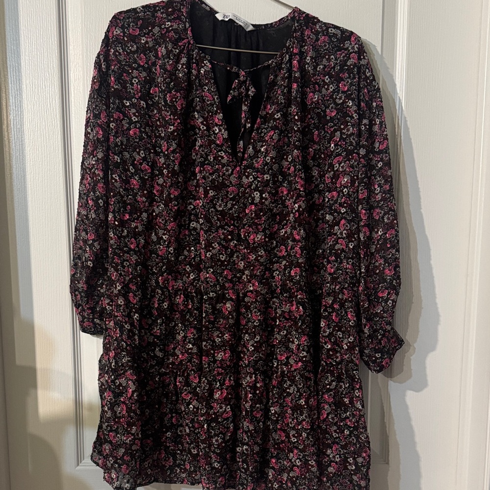 Zara Black Floral Midi Dress with Pink and White Accents
